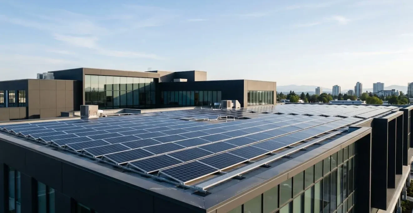 Installation de panneaux solaires photovoltaïques sur le toit d'un bâtiment professionnel moderne