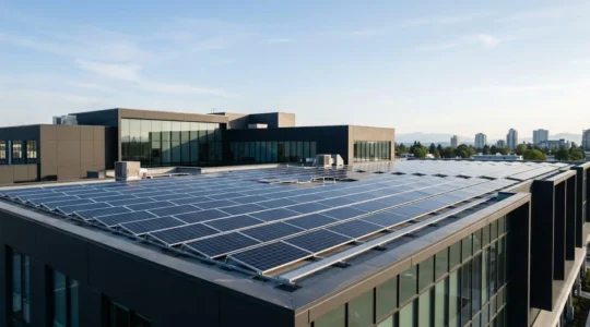 Installation de panneaux solaires photovoltaïques sur le toit d'un bâtiment professionnel moderne