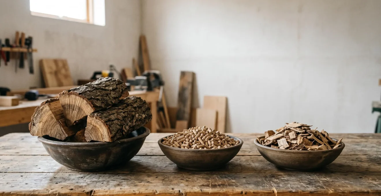 Combustibles naturels de chauffage au bois disposés pour comparaison visuelle