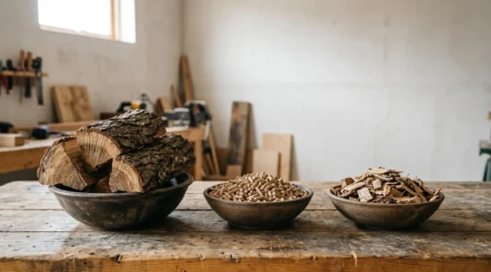 Combustibles naturels de chauffage au bois disposés pour comparaison visuelle