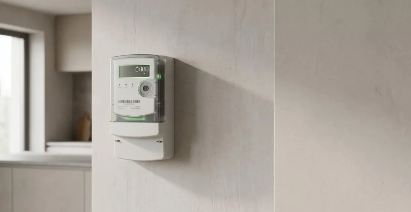 Détail d'un compteur électrique intelligent moderne dans un environnement domestique épuré