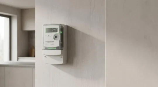 Détail d'un compteur électrique intelligent moderne dans un environnement domestique épuré