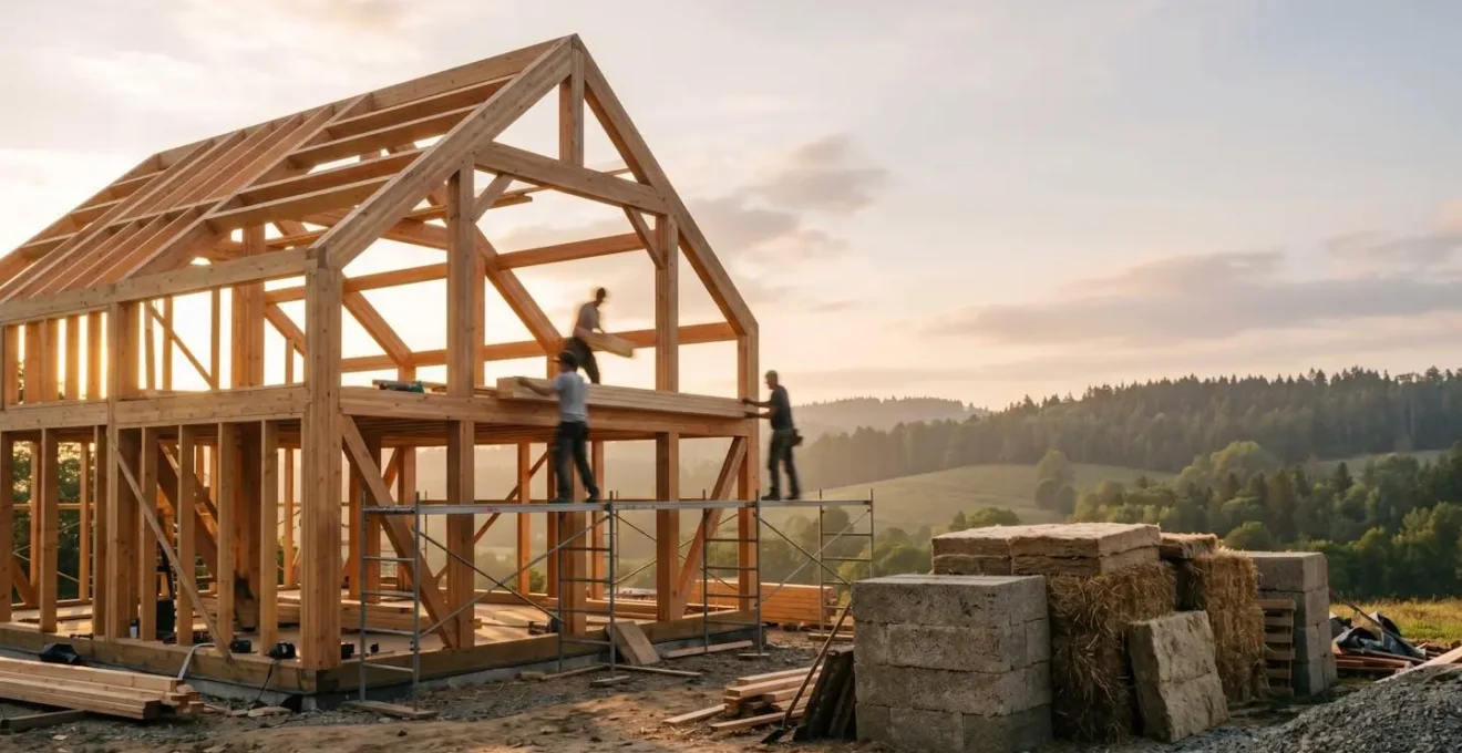 Vue d'ensemble d'une structure de maison en ossature bois moderne avec matériaux biosourcés exposés