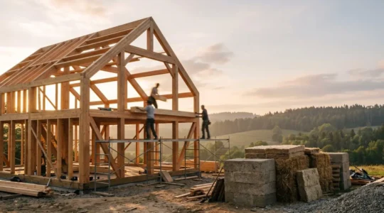 Vue d'ensemble d'une structure de maison en ossature bois moderne avec matériaux biosourcés exposés