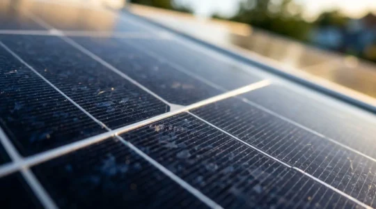 Panneau solaire photovoltaïque captant la lumière du soleil avec détails des cellules cristallines
