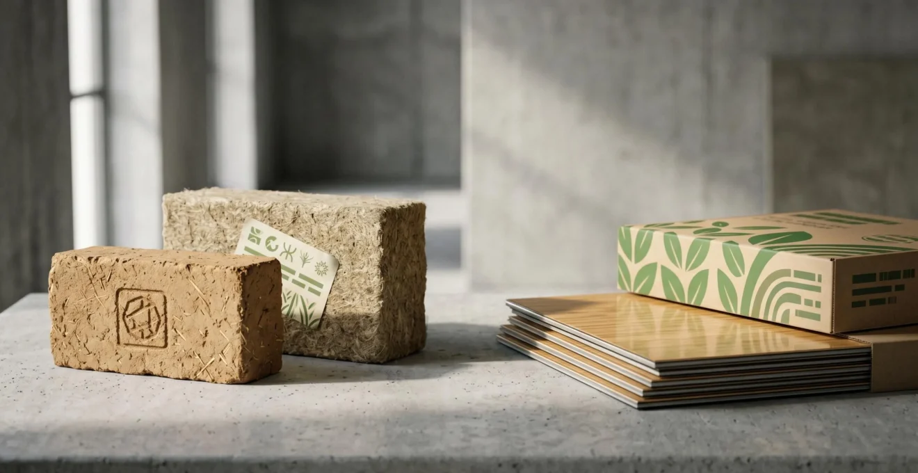 Comparaison visuelle entre matériaux de construction authentiquement écologiques certifiés et produits présentant du greenwashing
