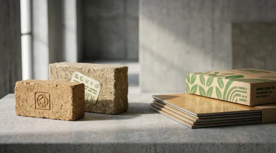 Comparaison visuelle entre matériaux de construction authentiquement écologiques certifiés et produits présentant du greenwashing