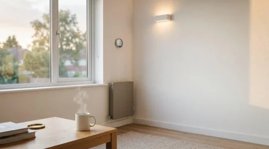 Scène minimaliste illustrant la réduction des coûts énergétiques dans un environnement domestique