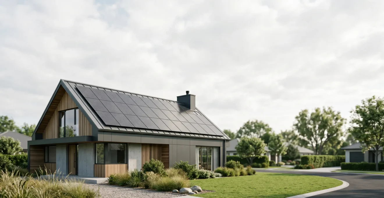 Une maison moderne équipée de panneaux solaires sur le toit sous un ciel lumineux, symbolisant le choix entre autoconsommation et énergie verte