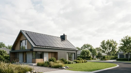 Une maison moderne équipée de panneaux solaires sur le toit sous un ciel lumineux, symbolisant le choix entre autoconsommation et énergie verte