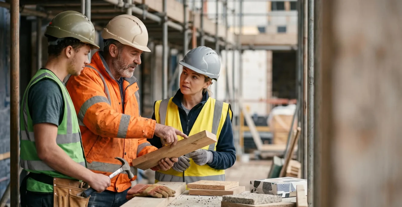 Professionnels du bâtiment engagés dans une démarche RSE sur un chantier responsable