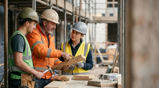 Professionnels du bâtiment engagés dans une démarche RSE sur un chantier responsable