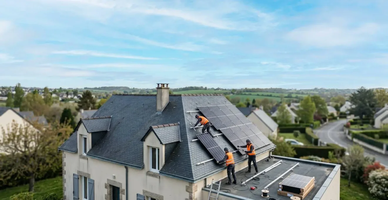 Installation progressive de panneaux solaires sur une toiture résidentielle française sous un ciel lumineux