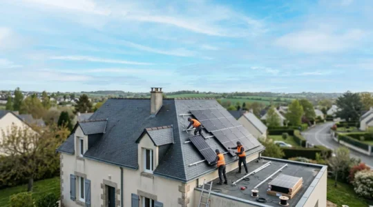 Installation progressive de panneaux solaires sur une toiture résidentielle française sous un ciel lumineux