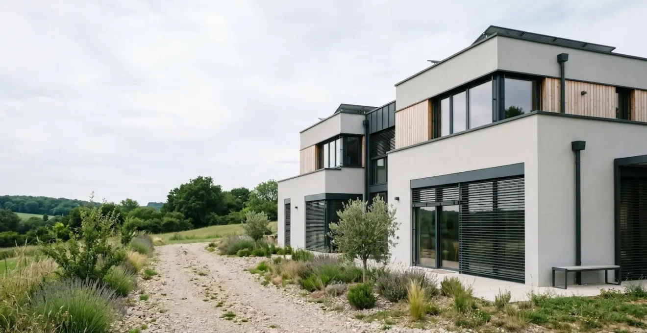 Une maison française contemporaine vue de l'extérieur avec des éléments architecturaux révélant différents états de performance énergétique