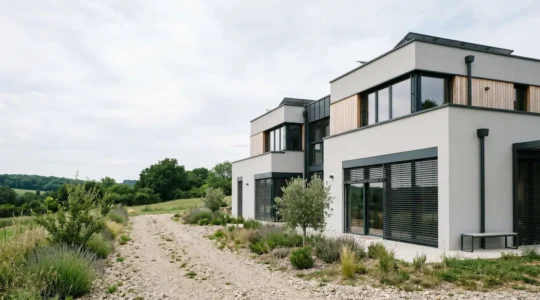 Une maison française contemporaine vue de l'extérieur avec des éléments architecturaux révélant différents états de performance énergétique