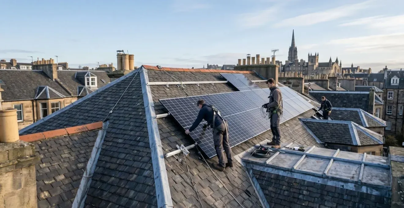 Installation photovoltaïque sur toiture complexe avec matériaux traditionnels et environnement urbain protégé