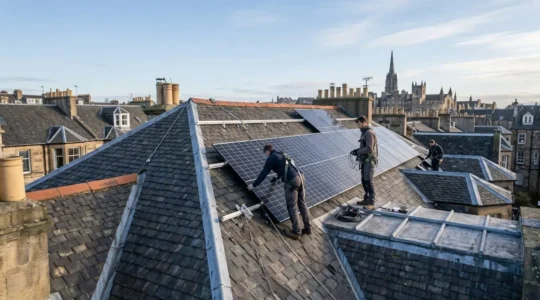 Installation photovoltaïque sur toiture complexe avec matériaux traditionnels et environnement urbain protégé