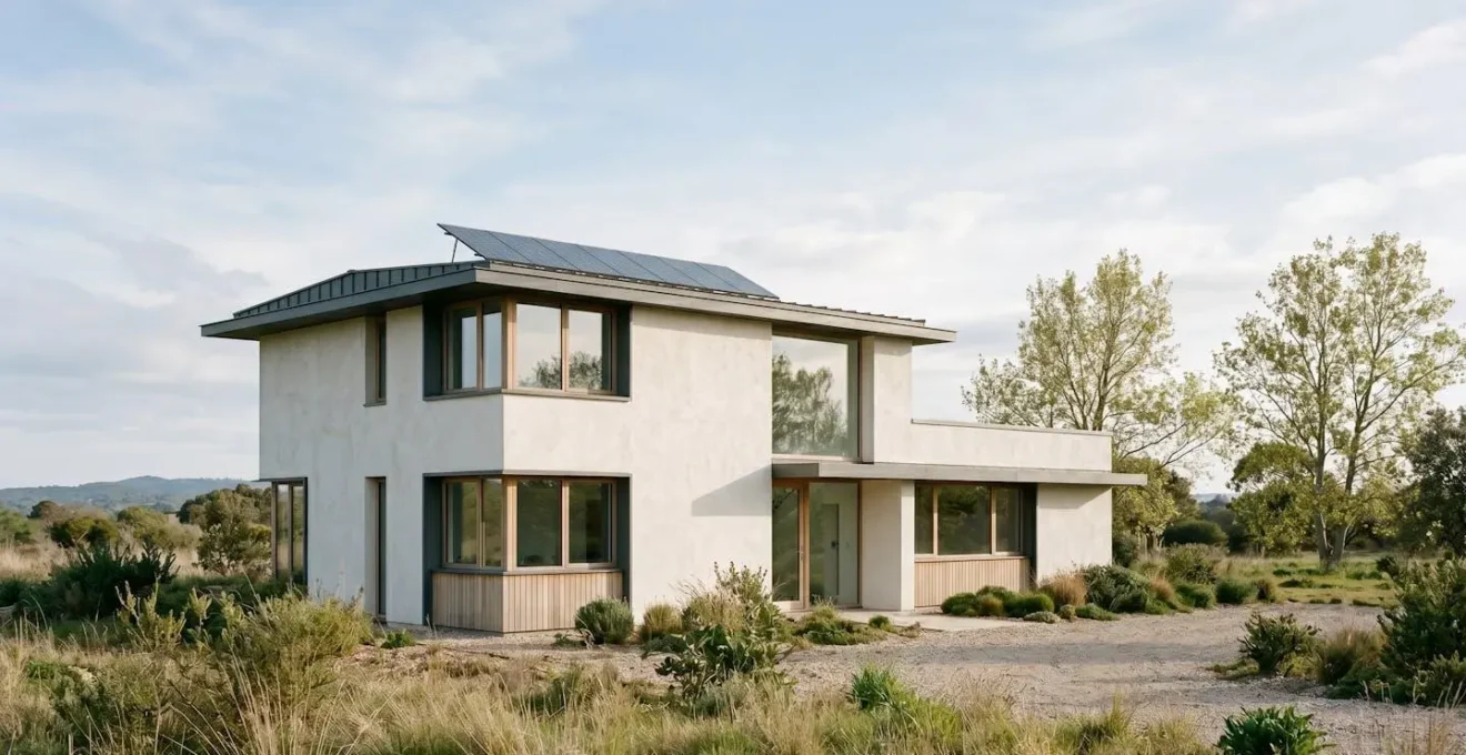 Maison moderne présentant une coupe transversale d'isolation thermique par l'intérieur et par l'extérieur