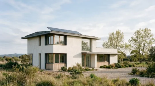 Maison moderne présentant une coupe transversale d'isolation thermique par l'intérieur et par l'extérieur