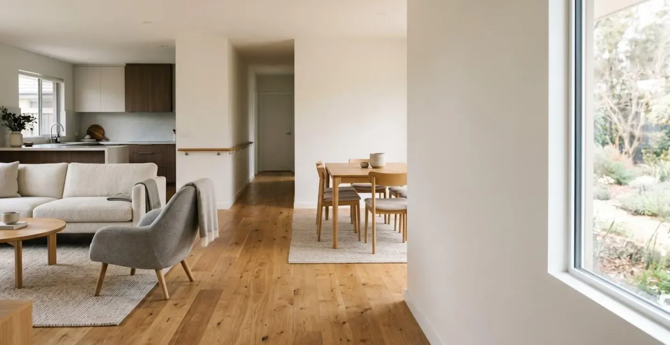 Intérieur lumineux d'une maison moderne adaptée aux seniors avec espaces sécurisés et accessibles