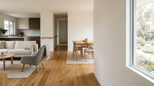 Intérieur lumineux d'une maison moderne adaptée aux seniors avec espaces sécurisés et accessibles