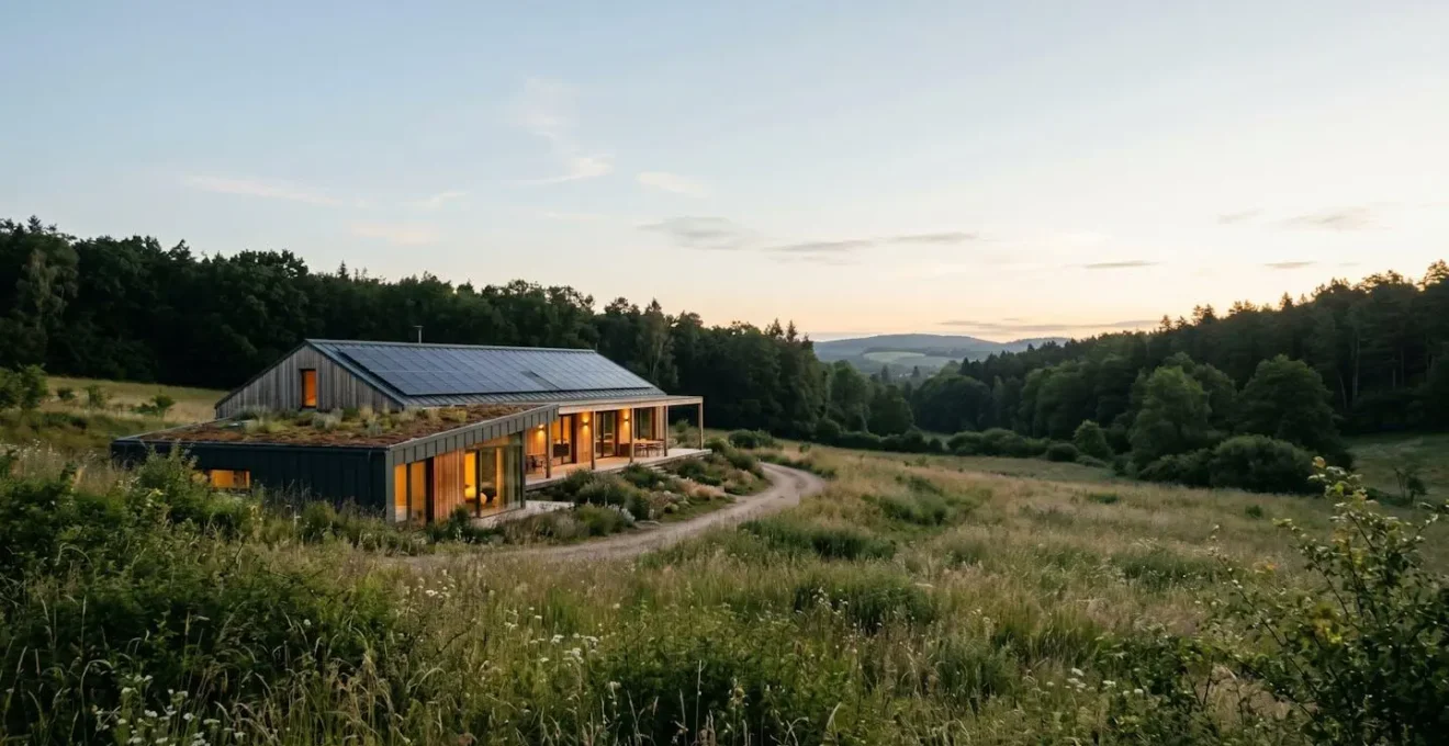 Maison moderne avec panneaux solaires intégrés entourée de verdure symbolisant l'autonomie énergétique familiale
