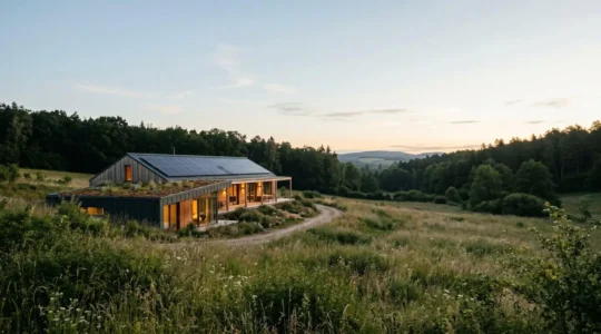 Maison moderne avec panneaux solaires intégrés entourée de verdure symbolisant l'autonomie énergétique familiale