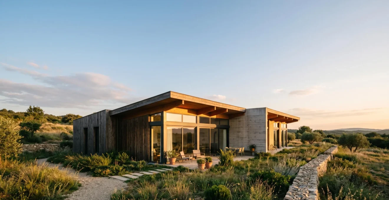 Conception architecturale d'une maison bioclimatique avec orientation solaire optimisée et débords de toit calculés