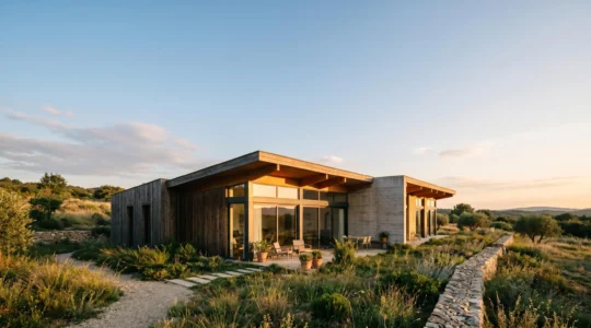Conception architecturale d'une maison bioclimatique avec orientation solaire optimisée et débords de toit calculés