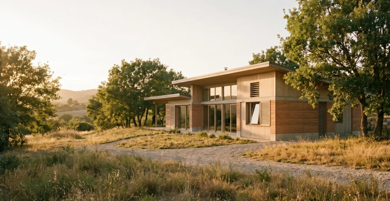 Maison contemporaine avec débords de toit et protection solaire naturelle en été