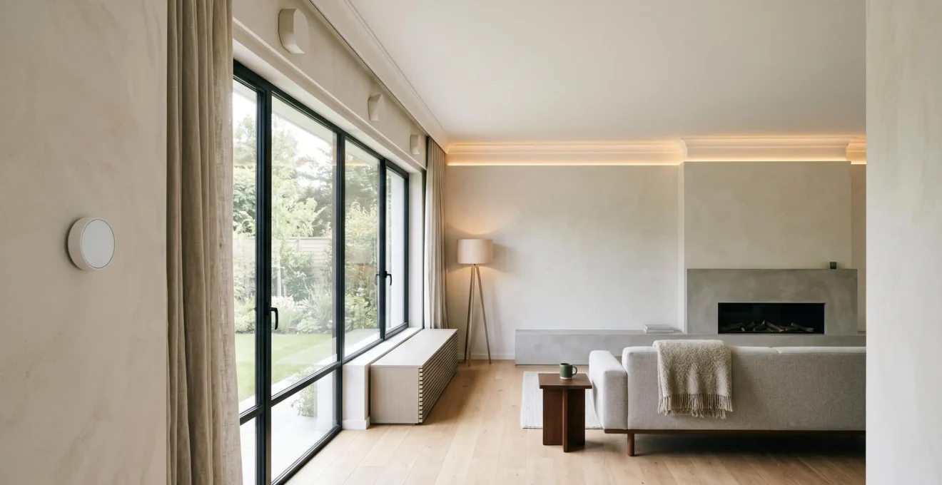 Intérieur moderne d'une maison connectée avec dispositifs domotiques intégrés illustrant confort et efficacité énergétique