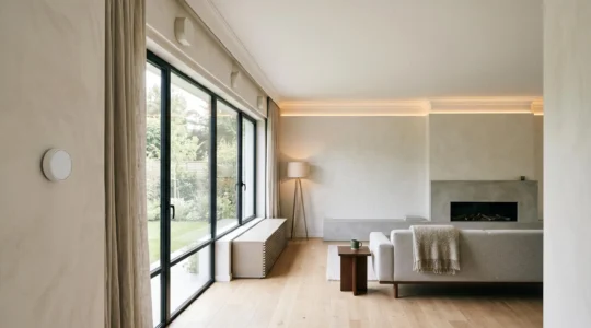 Intérieur moderne d'une maison connectée avec dispositifs domotiques intégrés illustrant confort et efficacité énergétique