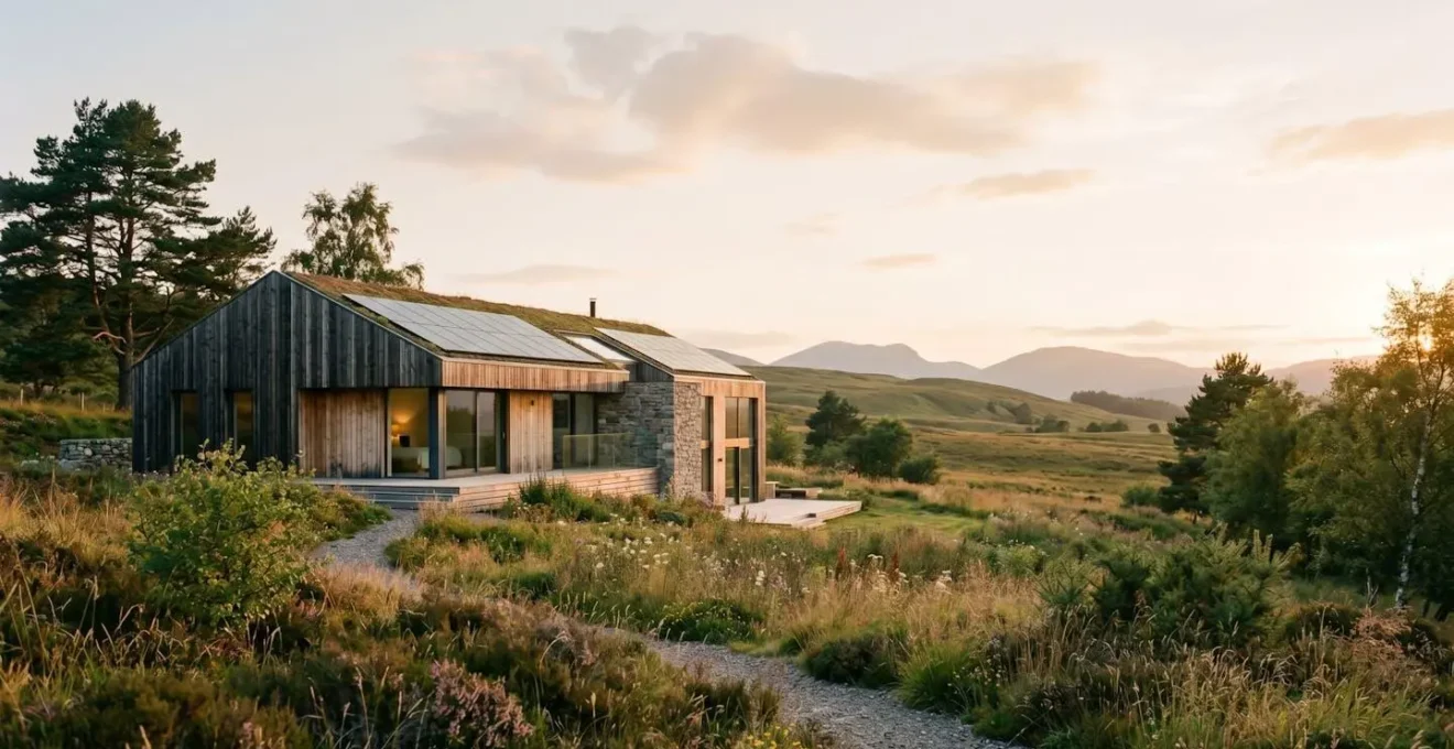 Architecture contemporaine d'une maison à énergie positive avec panneaux solaires intégrés dans un environnement naturel lumineux