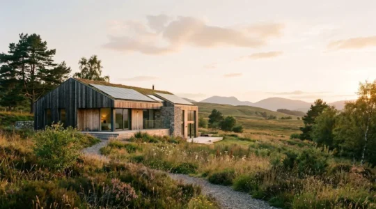Architecture contemporaine d'une maison à énergie positive avec panneaux solaires intégrés dans un environnement naturel lumineux