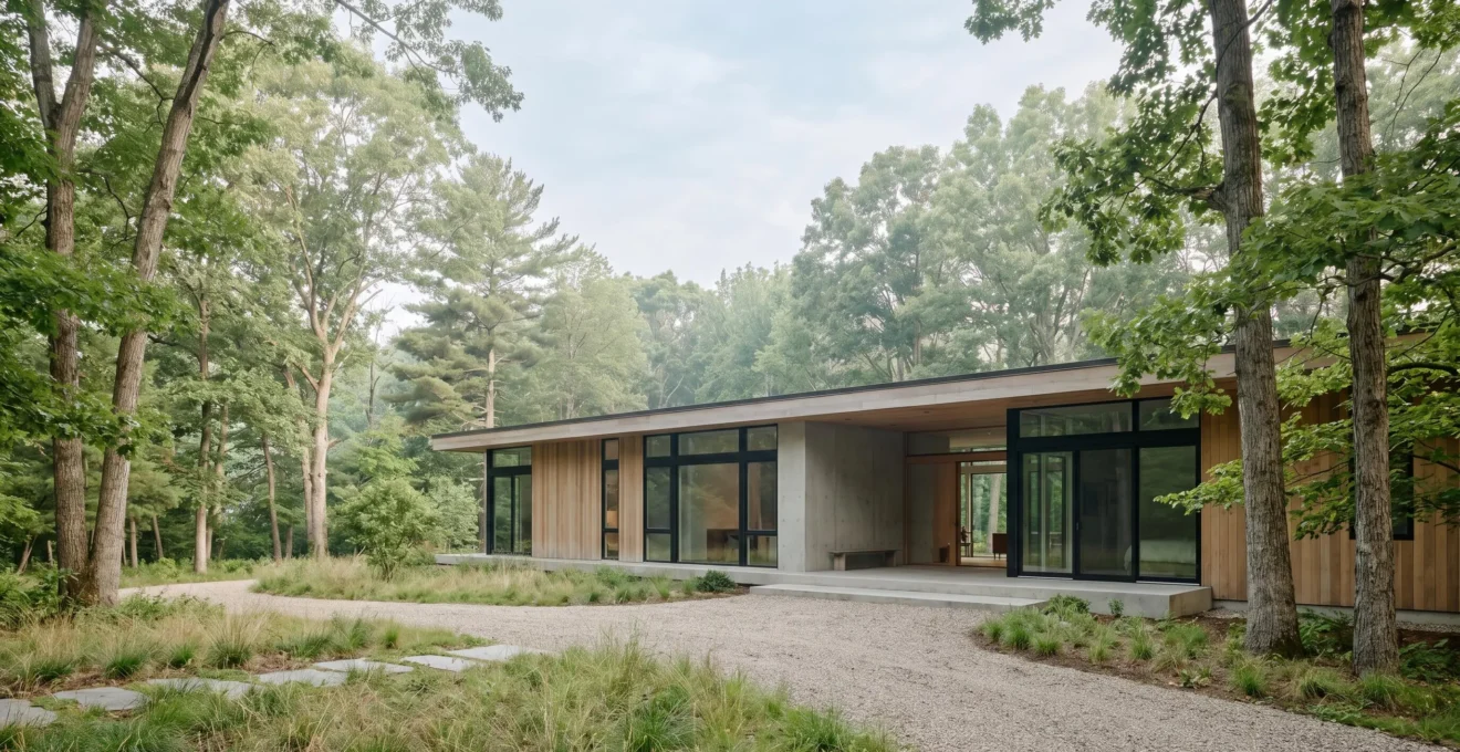 Une maison contemporaine de plain-pied baignée de lumière naturelle symbolisant l'habitat évolutif et l'adaptabilité à tous les âges de la vie