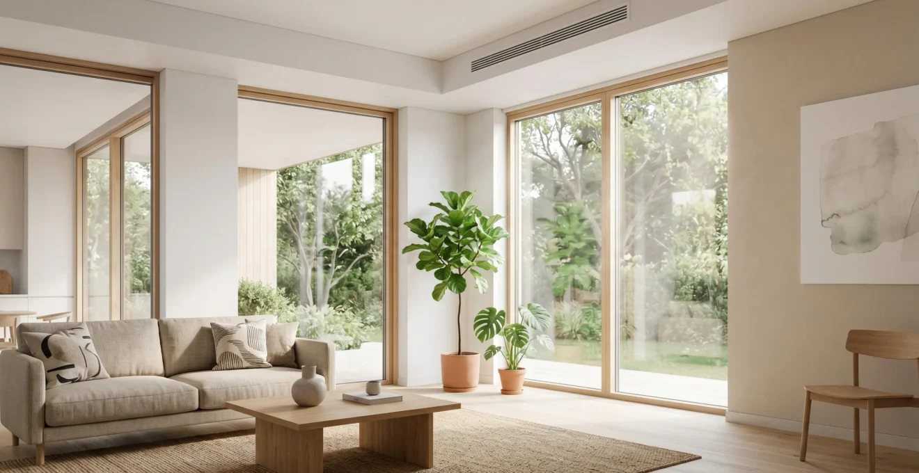 Intérieur moderne et lumineux d'un salon avec système de ventilation, illustrant la qualité de l'air intérieur optimale