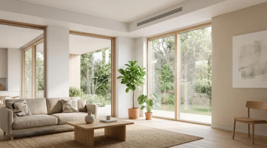 Intérieur moderne et lumineux d'un salon avec système de ventilation, illustrant la qualité de l'air intérieur optimale