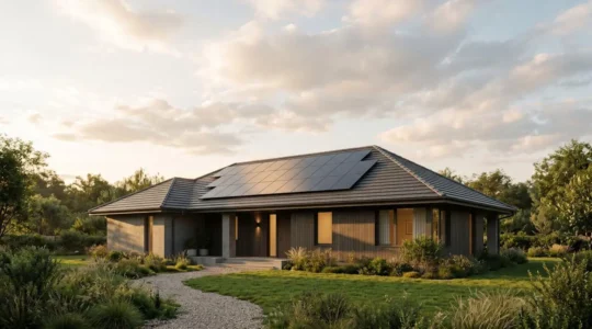 Maison contemporaine équipée de panneaux solaires photovoltaïques sur toiture illustrant la transformation en actif rentable