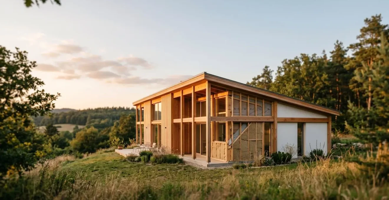 Structure moderne en ossature bois avec détails de l'isolation naturelle et ambiance chaleureuse