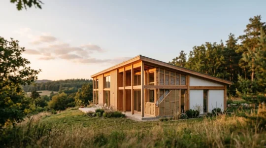 Structure moderne en ossature bois avec détails de l'isolation naturelle et ambiance chaleureuse