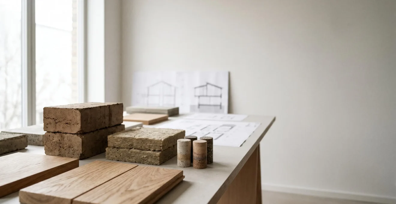 Conception architecturale d'une maison moderne conforme aux normes environnementales avec matériaux durables