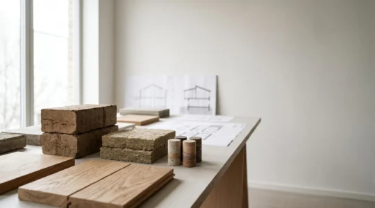 Conception architecturale d'une maison moderne conforme aux normes environnementales avec matériaux durables