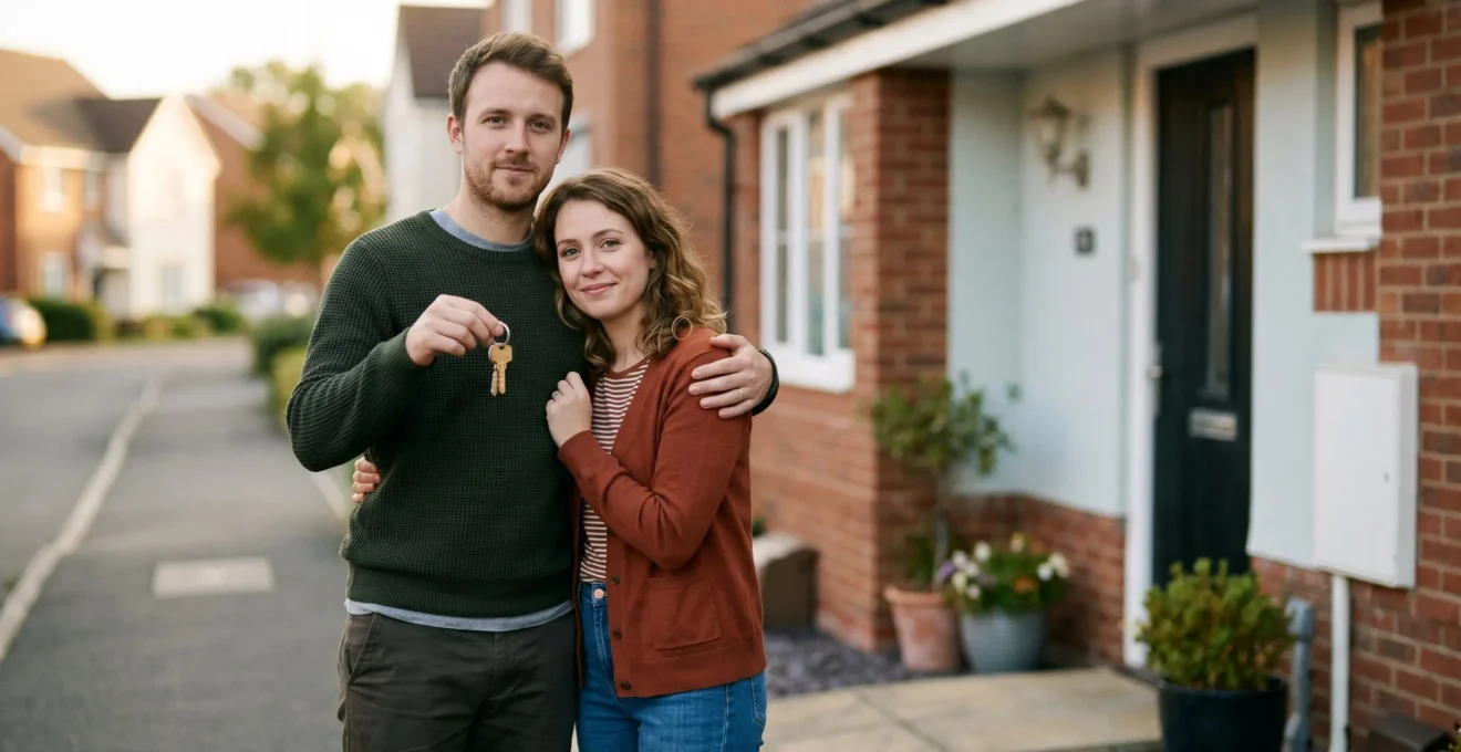 Couple de jeunes primo-accédants devant leur future première propriété avec des clés