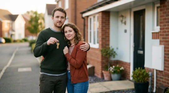 Couple de jeunes primo-accédants devant leur future première propriété avec des clés