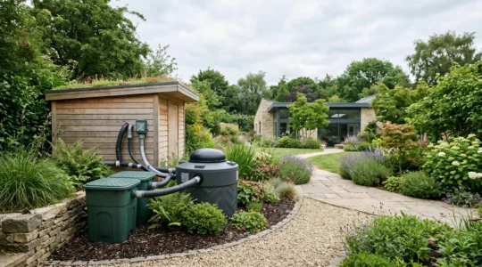 Installation domestique de production de biogaz dans un jardin avec digesteur et valorisation des déchets organiques