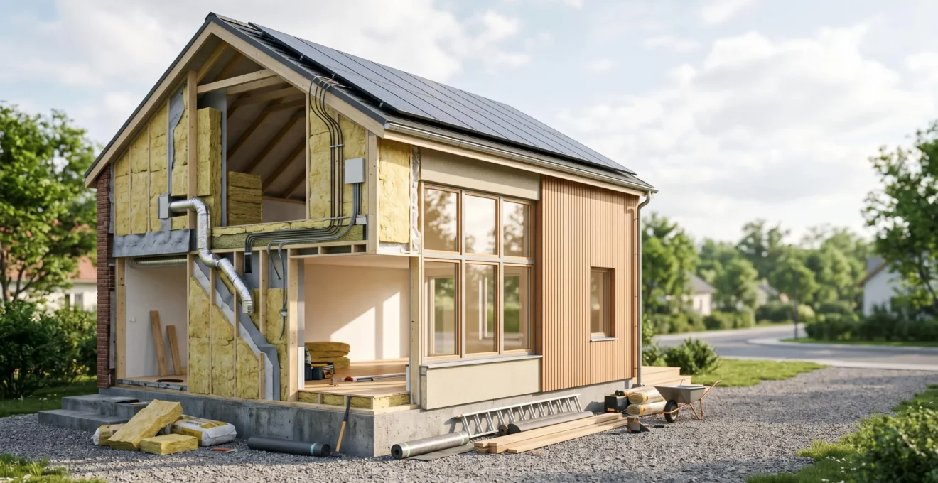 Coupe transversale d'une maison moderne en cours de rénovation énergétique, montrant les différentes couches d'isolation et systèmes techniques