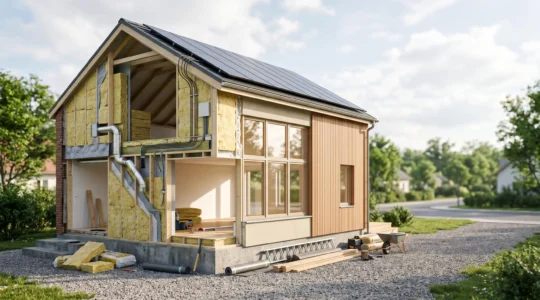 Coupe transversale d'une maison moderne en cours de rénovation énergétique, montrant les différentes couches d'isolation et systèmes techniques