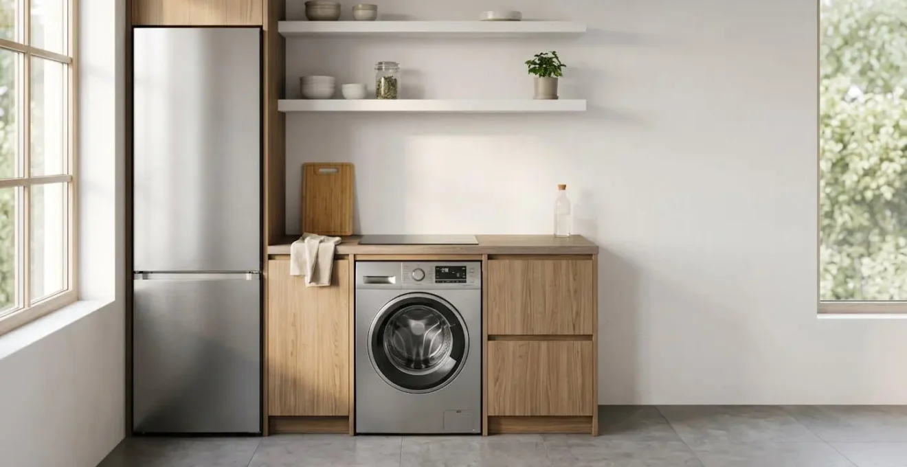 Cuisine moderne avec appareils électroménagers économes en énergie illustrant les économies d'électricité