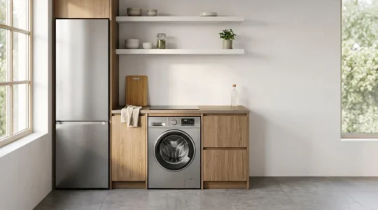 Cuisine moderne avec appareils électroménagers économes en énergie illustrant les économies d'électricité